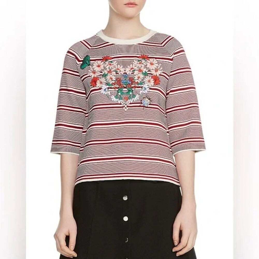 MAJEβ Marco Floral Embroidered Heart Striped Crewneck Knit Top Size 1 S